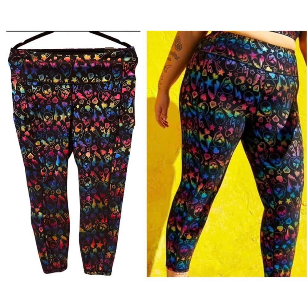 Torrid 1 (1X 14/16) Black Rainbow Skull Tattoo Crop Performance‎ Active Leggings